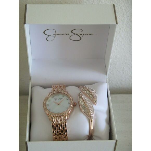 Jessica Simpson JSB8008RG Gold Crystal Leaf Hinged Bangle Watch Set $120 - Picture 3 of 9